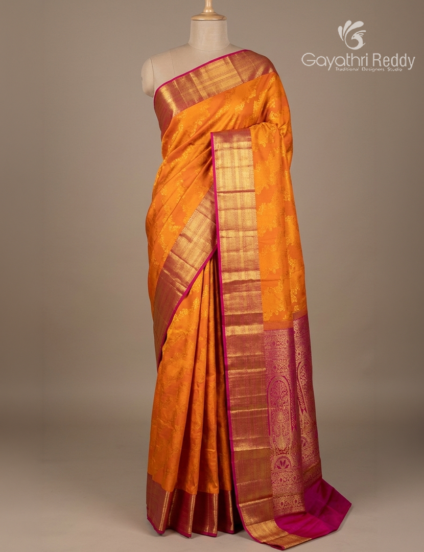 Pure  Kanchipuram Silk Saree in Yellow and Rani Pink (Rangkat Pattern )