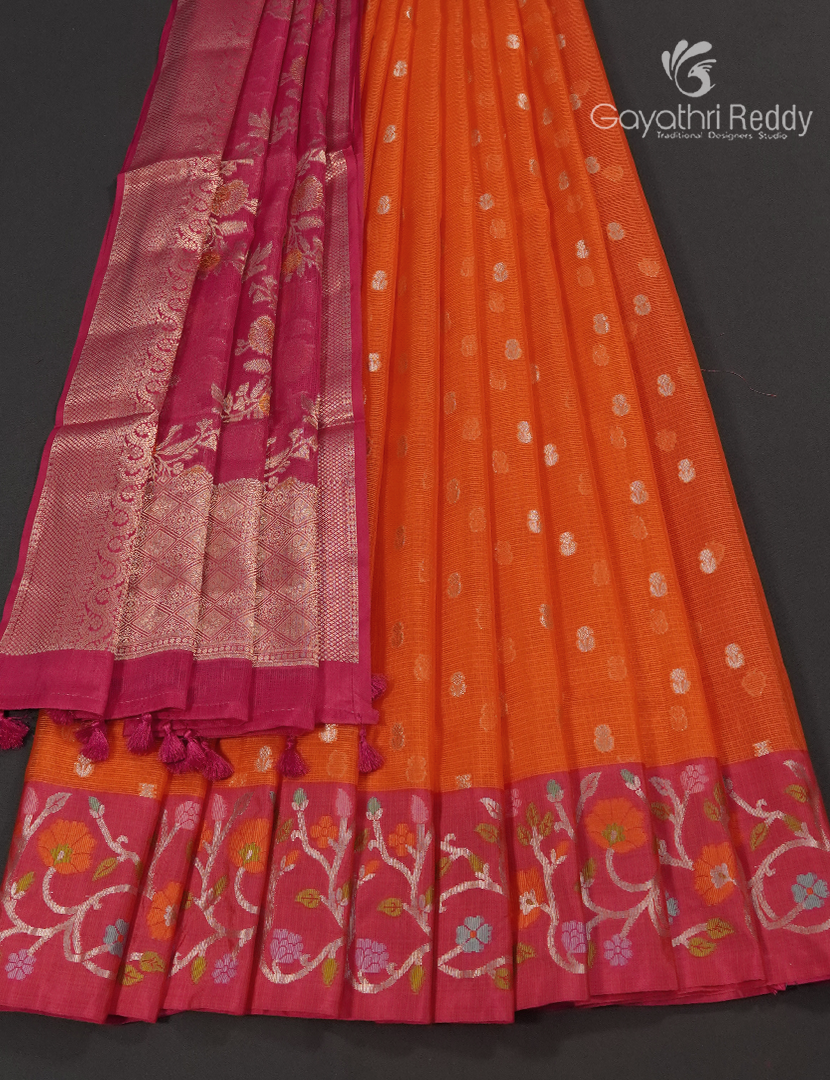 Banaras Kota Lehanga Set in Orange and Rani Pink