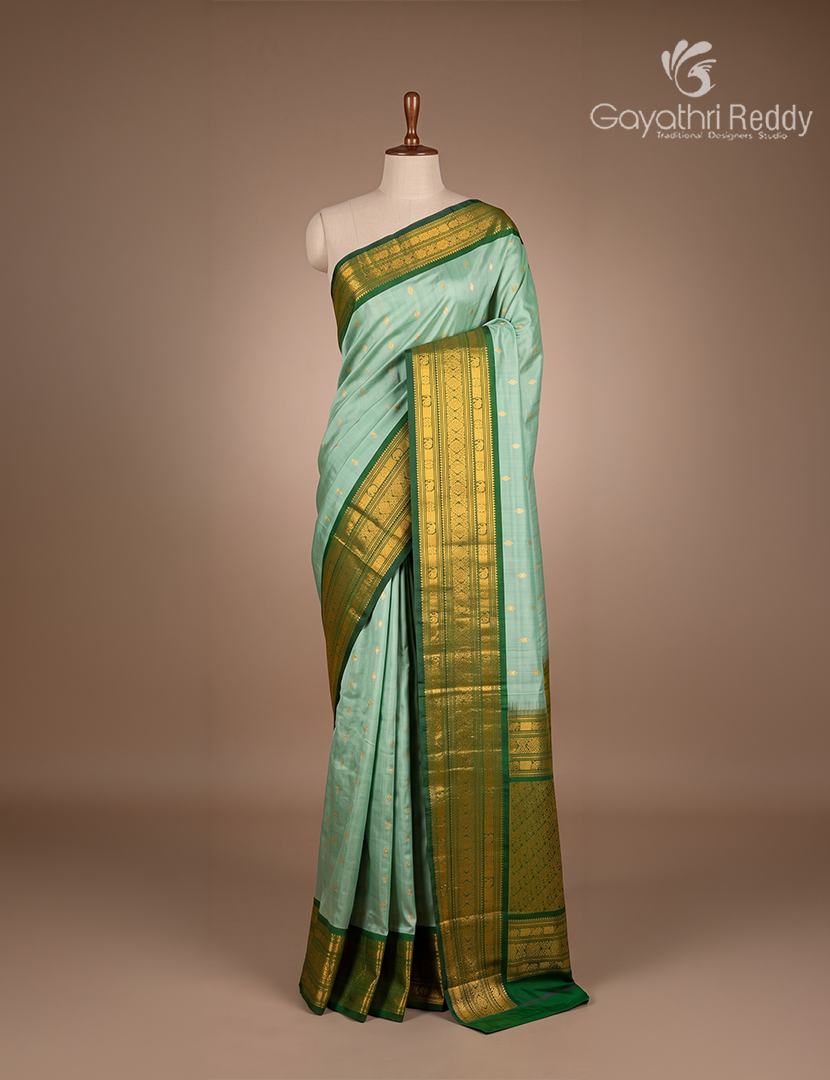 Pure Gadwal Silk Saree in Sage Green and Bottle Green