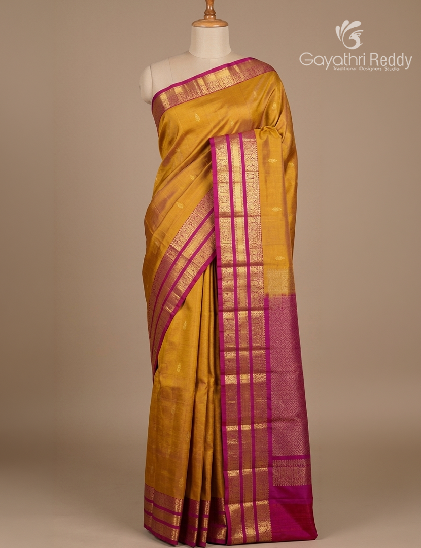 Pure Kanchipuram Silk Saree in Mustard and Rani Pink