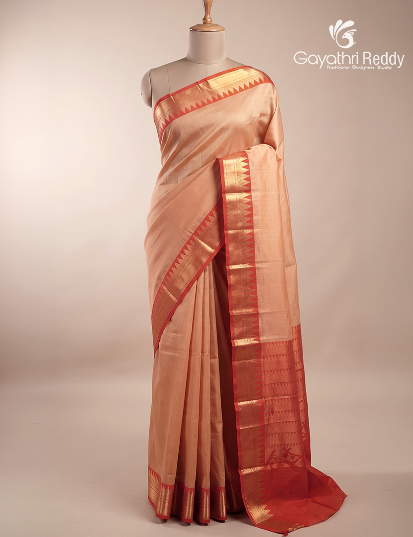 Pure Kanchipuram Sico Saree in Pastel Beige and Red