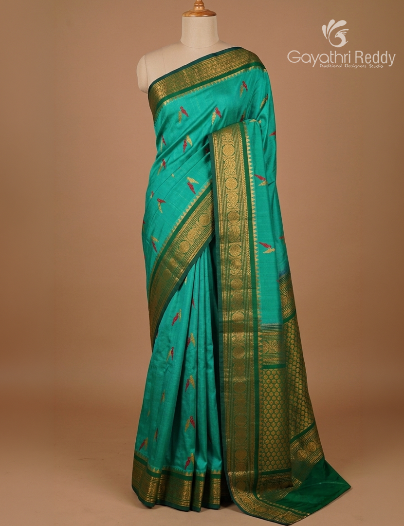 Pure Gadwal Silk Saree in Sea Green and Bottle Green