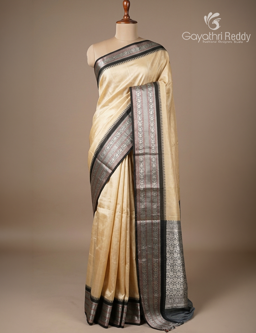 Semi Tissue Gadwal Saree in Ivory and Black