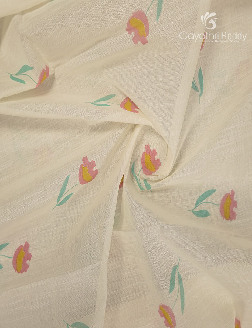Pure Kanchi Cotton Printed Saree in Ivory and Pista Green