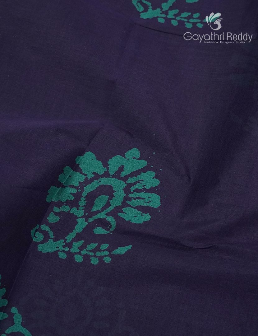Cotton Batik Print Saree in Navy Blue and Sea Green