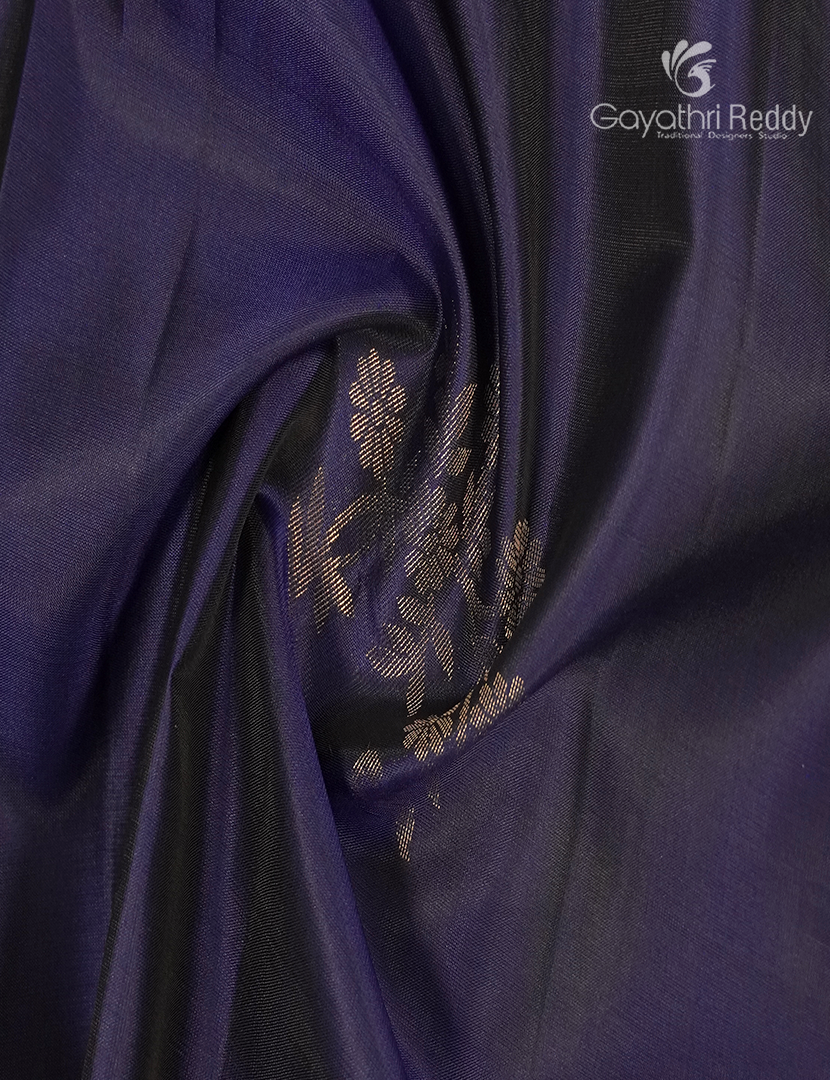 Pure Kanchipuram Soft Silk Saree in Deep Navy Blue and Orange