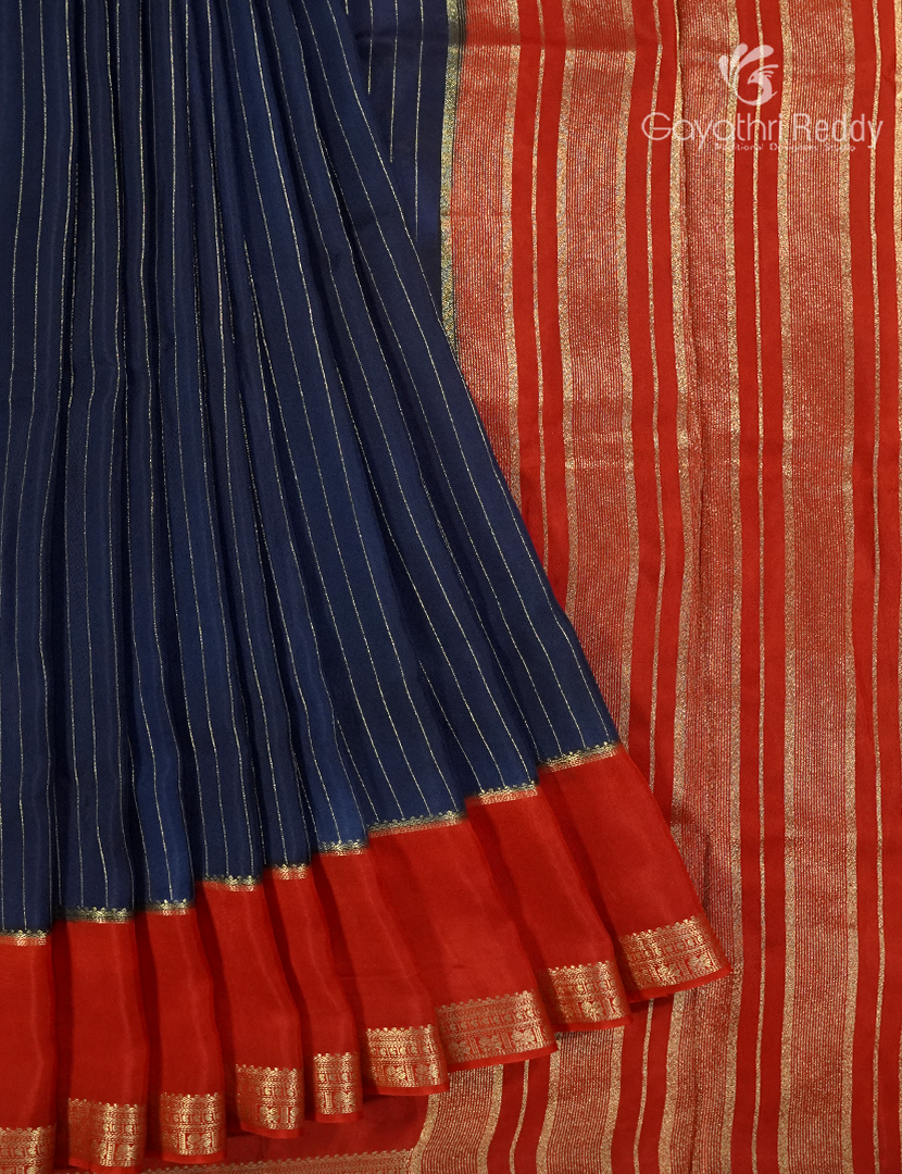 Semi Mysore Crepe Saree in Navy Blue and Red