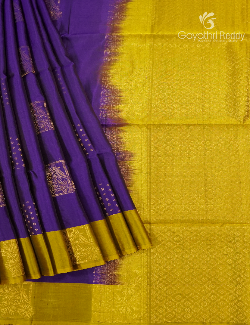 Pure Kanchipuram Soft Silk Saree in Violet and Lime Yellow