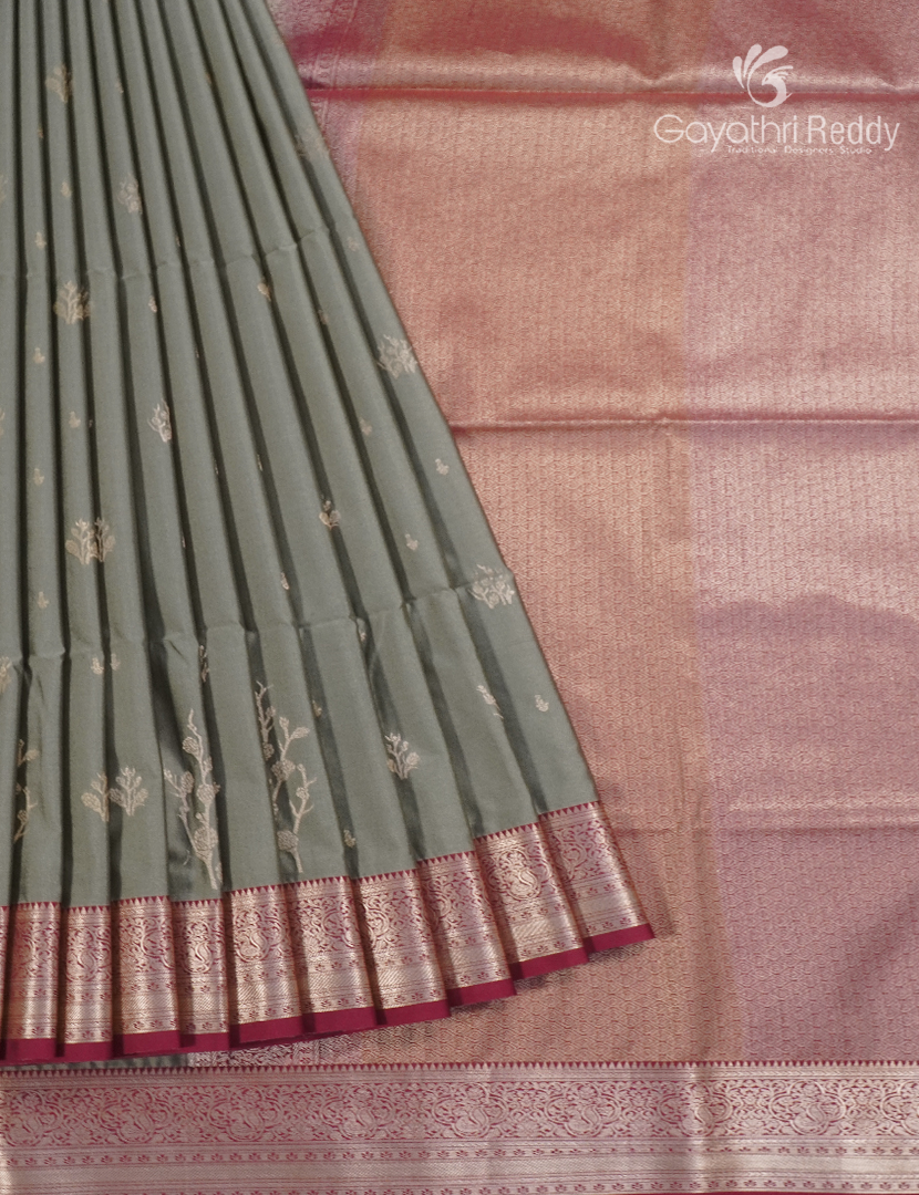 Soft Silk Saree in Grey and Deep Rust