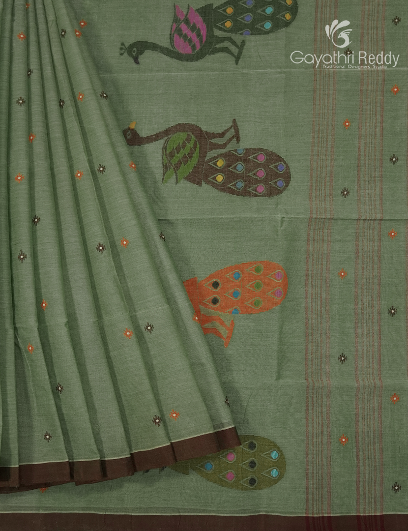 Jamdani Cotton Saree in Olive Green
