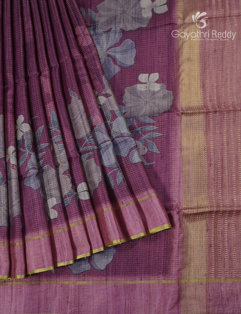 Semi Tussar Saree in Deep Onion Pink and Wine