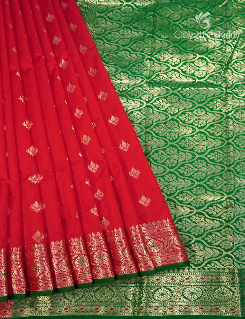 Semi Banaras Katan Silk Saree in Red and Bottle Green