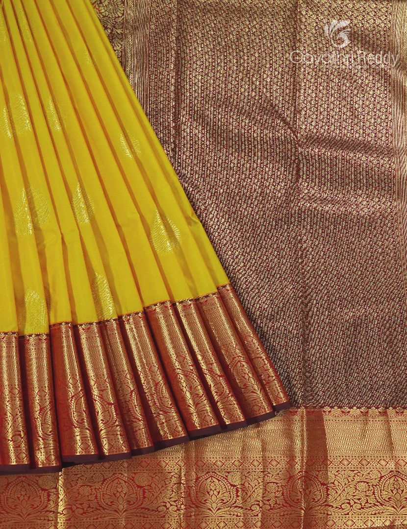 Semi Kanchipuram Silk Saree in Lime Yellow and Deep Brown