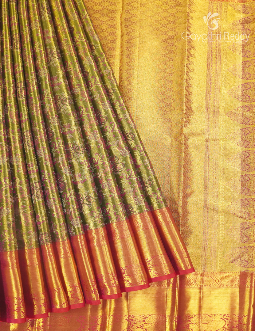 Pure Kanchipuram Silk Bridal Saree in Olive Green and Red