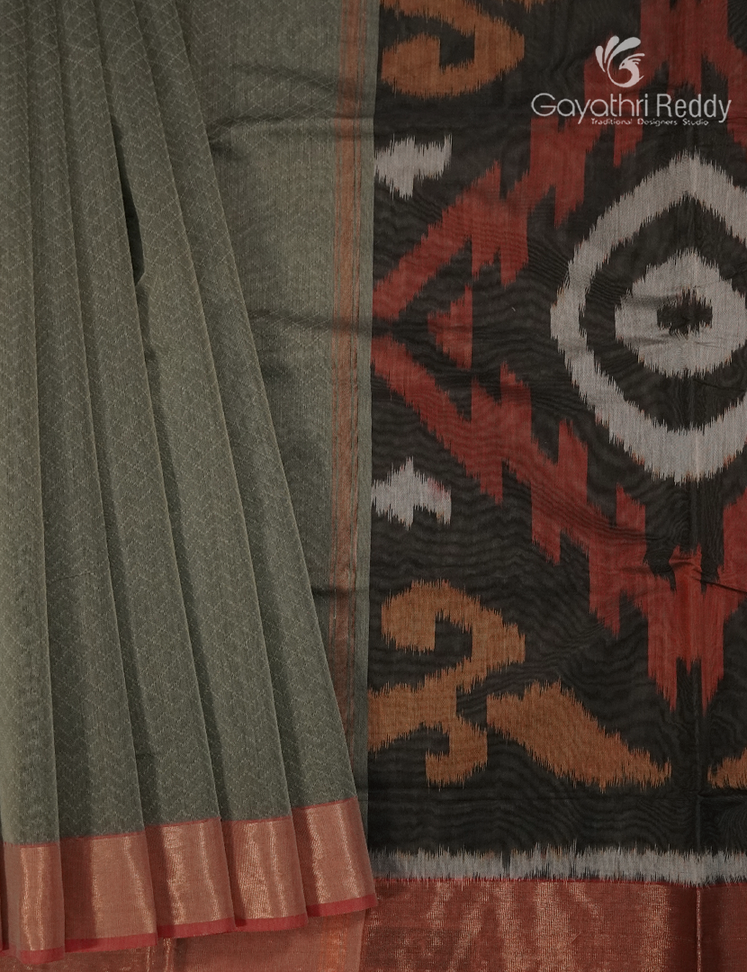 Semi Ikat Sico Saree in Olive Grey