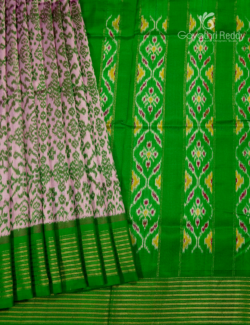 Pure Ikat Silk Saree in Onion Peach and Green
