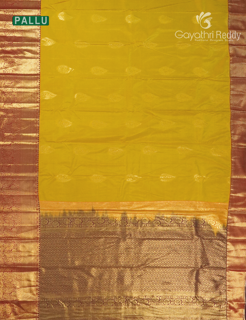 Semi Kanchipuram Silk Saree in Lime Yellow and Deep Brown