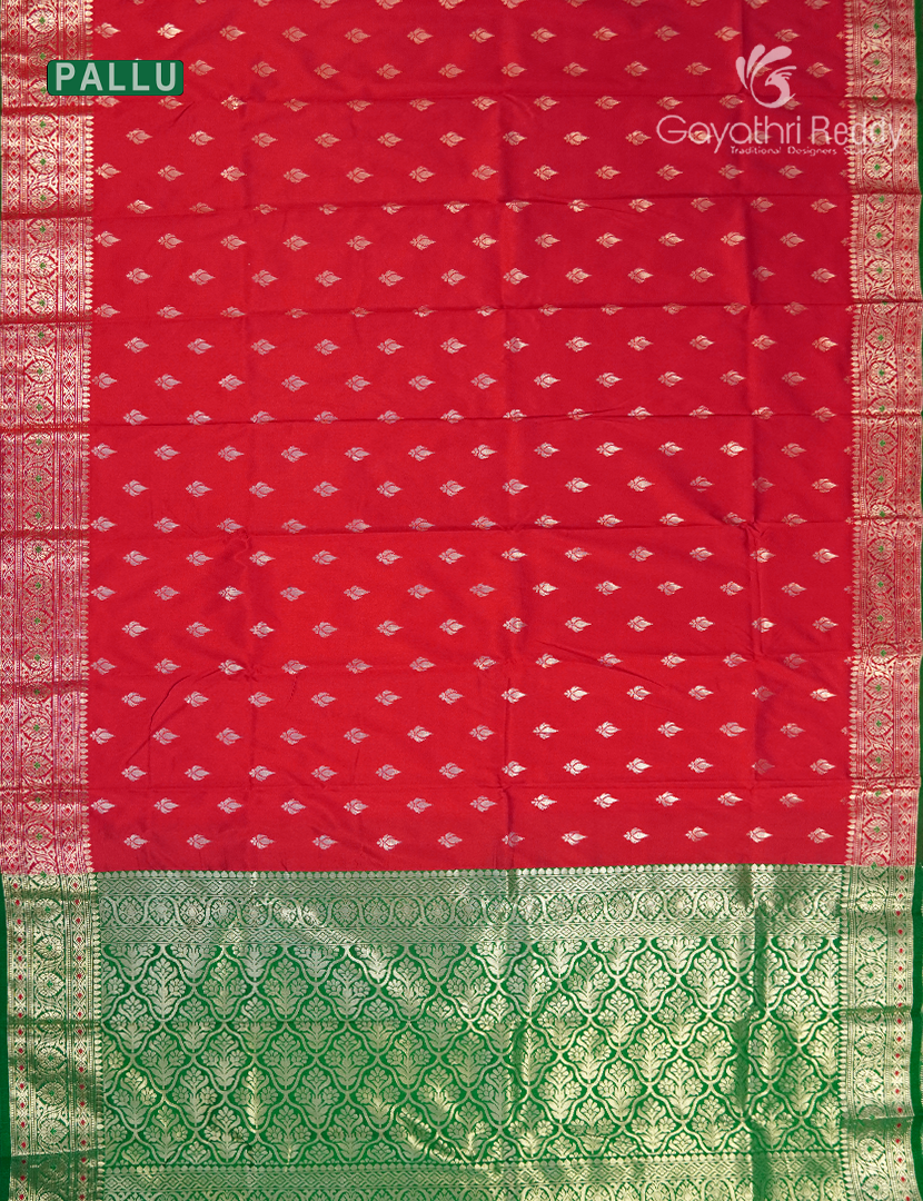 Semi Banaras Katan Silk Saree in Red and Bottle Green