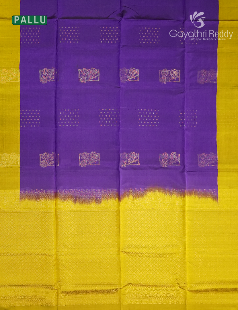 Pure Kanchipuram Soft Silk Saree in Violet and Lime Yellow