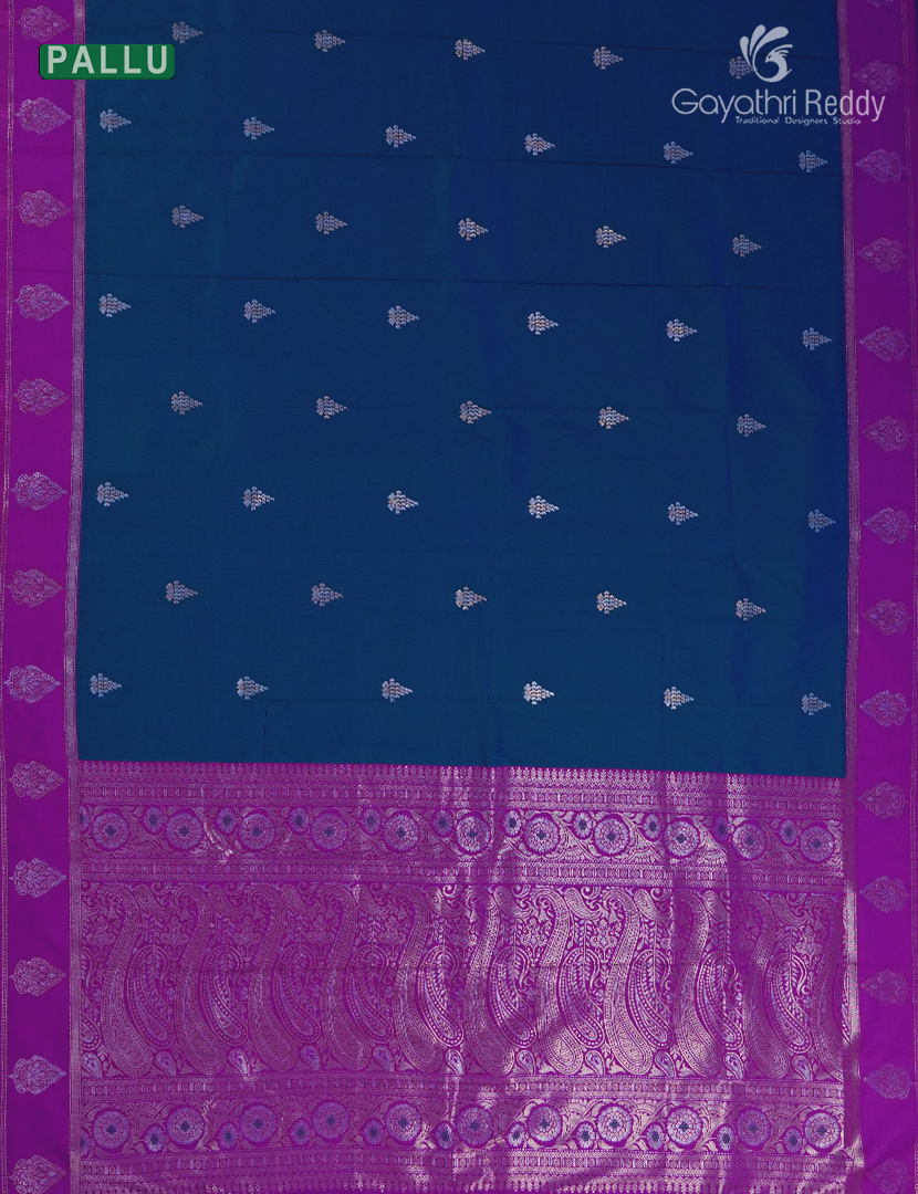 Semi Kanchipuran Silk Saree in Deep Peacock Blue and  Magenta