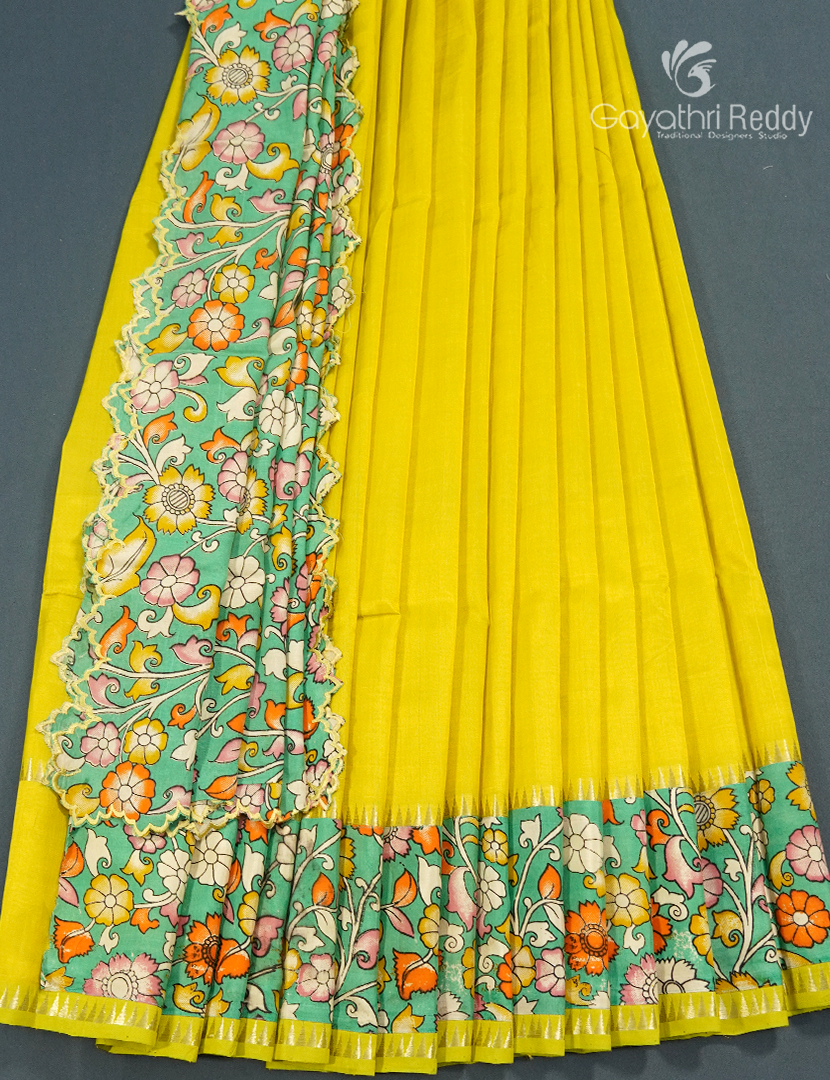 Pure Mangalagiri Langa Voni Set in Lime Yellow