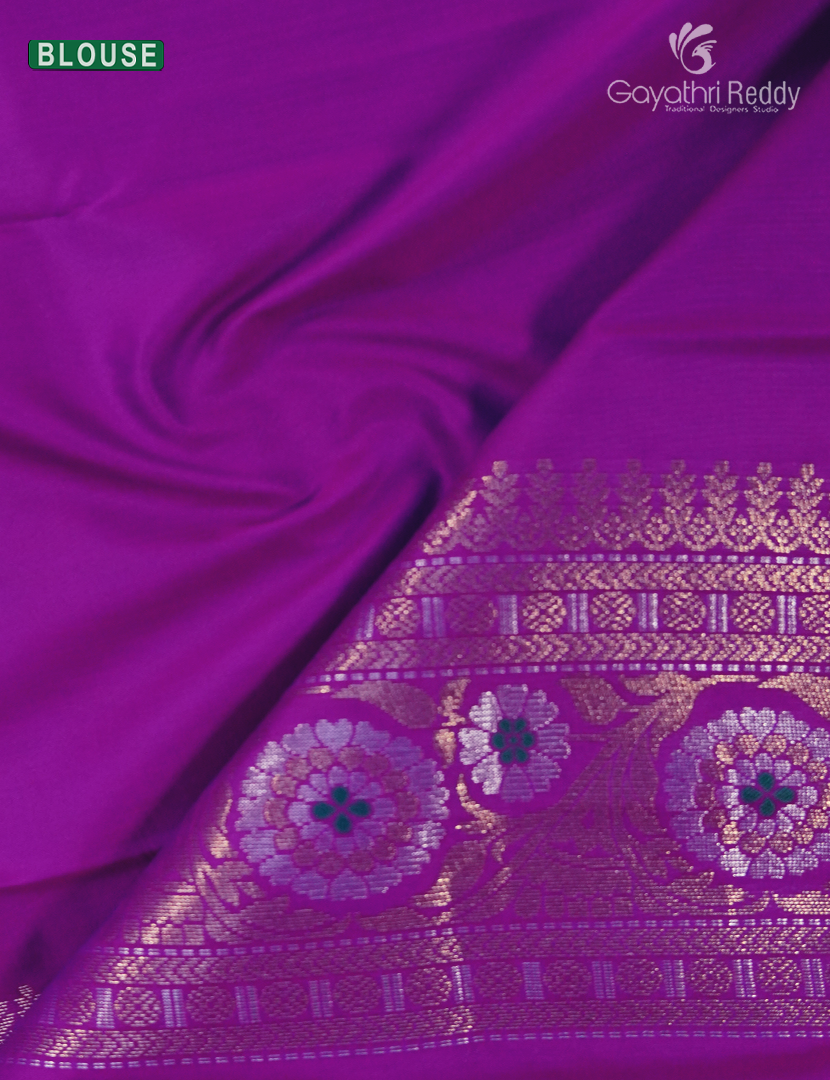 Semi Kanchipuran Silk Saree in Deep Peacock Blue and  Magenta