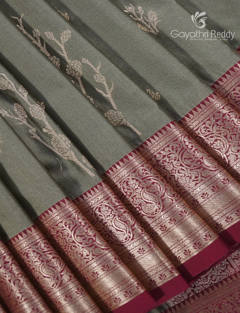 Soft Silk Saree in Grey and Deep Rust