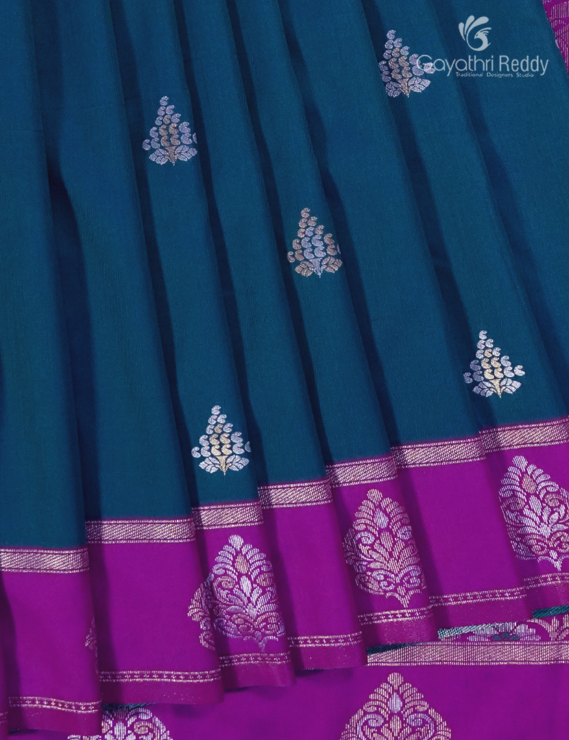 Semi Kanchipuran Silk Saree in Deep Peacock Blue and  Magenta