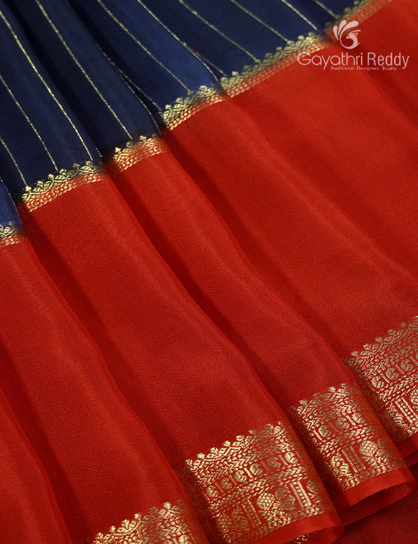 Semi Mysore Crepe Saree in Navy Blue and Red