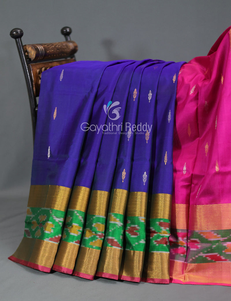 Pure silk saree in red & blue with round & floral motifs in satin weave