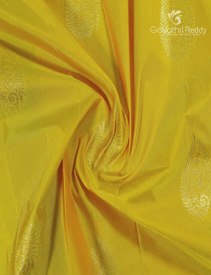Semi Kanchipuram Silk Saree in Lime Yellow and Deep Brown