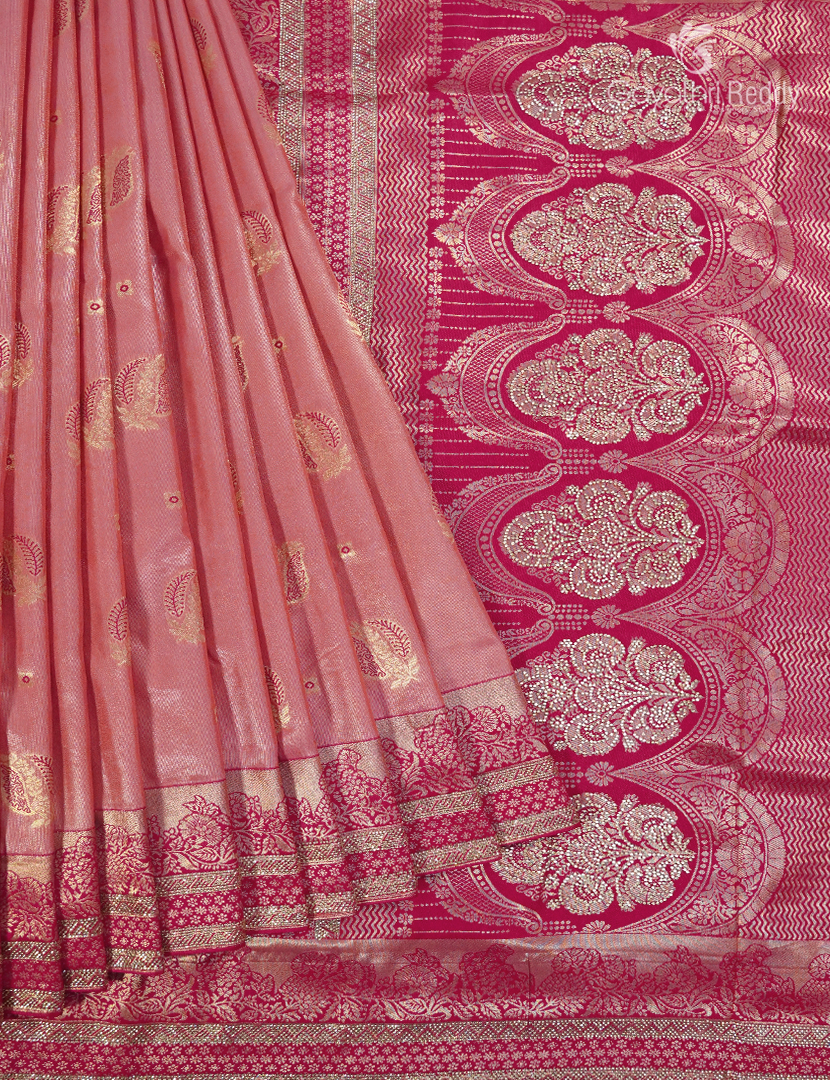 Semi Kanchipuram Silk Fancy Saree in Peach and Rani Pink