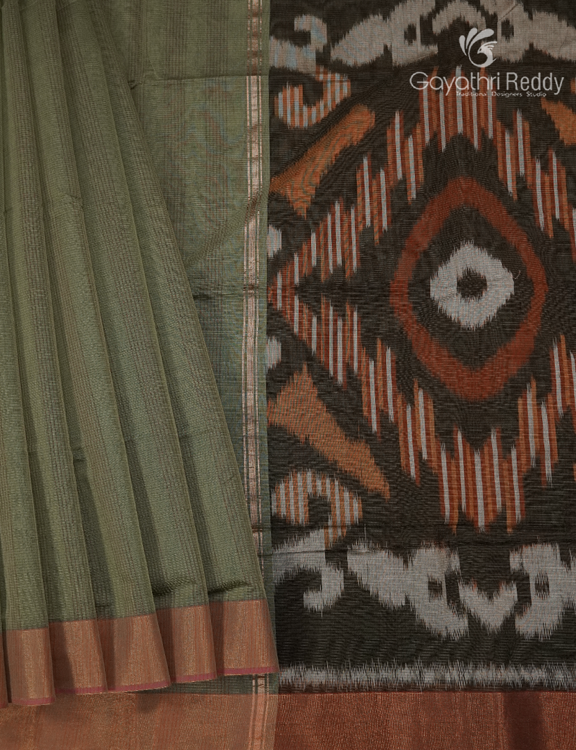 Semi Ikat Sico Saree in Olive Grey