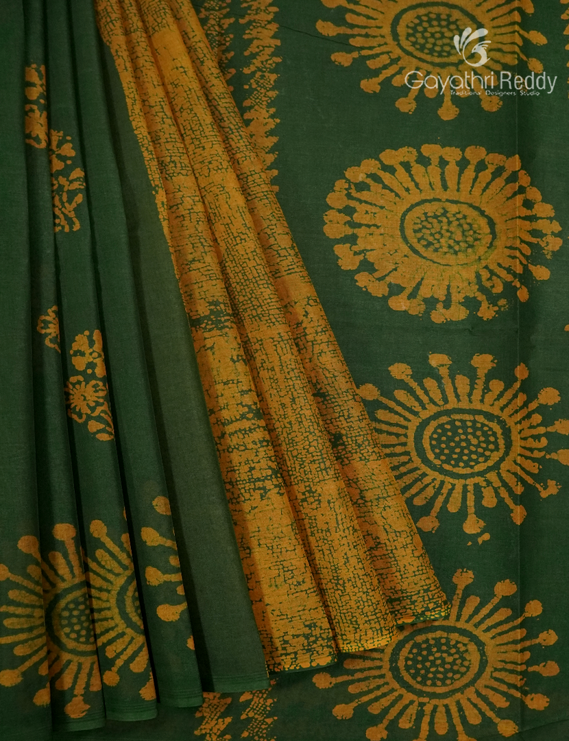 Cotton Batik Print Saree in Bottle Green and Mustard