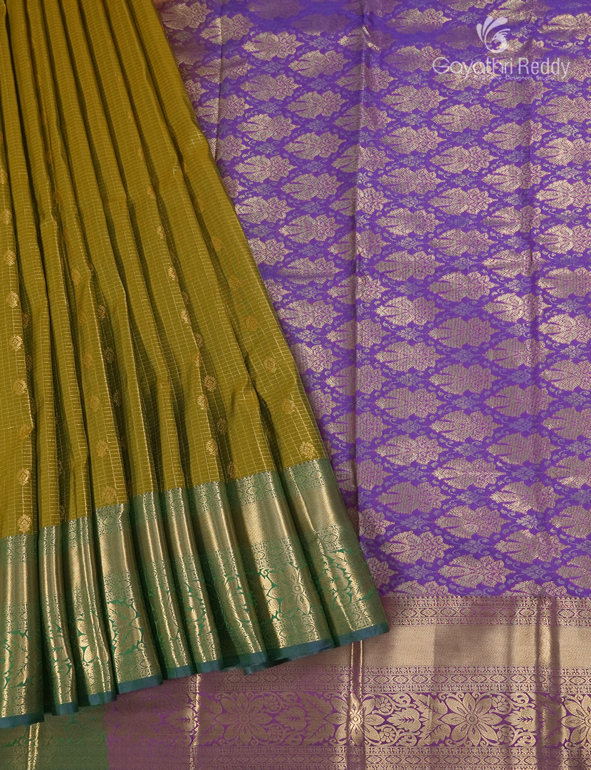 Semi Kanchipuram Silk Saree in Mehendi Green and Purple