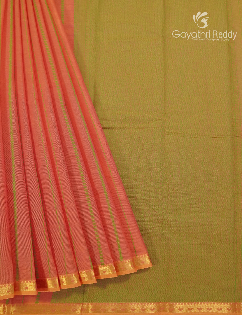 Pure Kanchi Cotton Saree in Peachish Orange and Pista Green