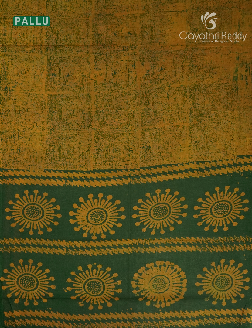 Cotton Batik Print Saree in Bottle Green and Mustard