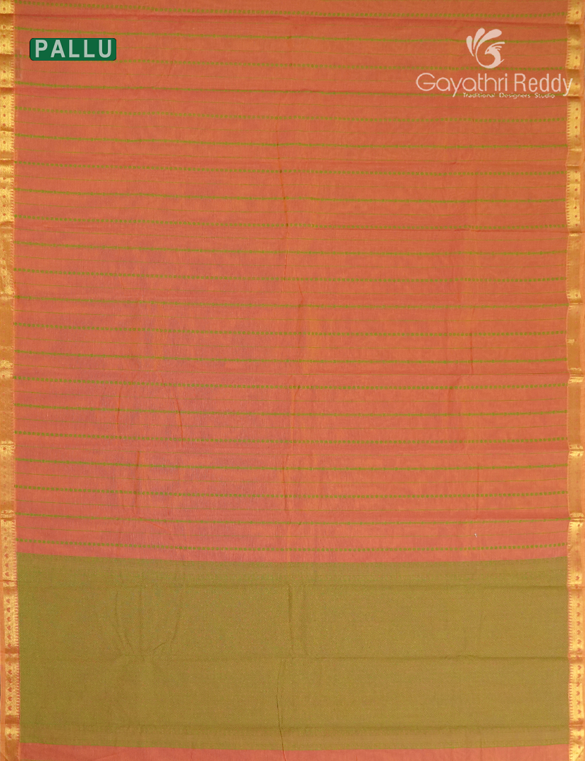 Pure Kanchi Cotton Saree in Peachish Orange and Pista Green