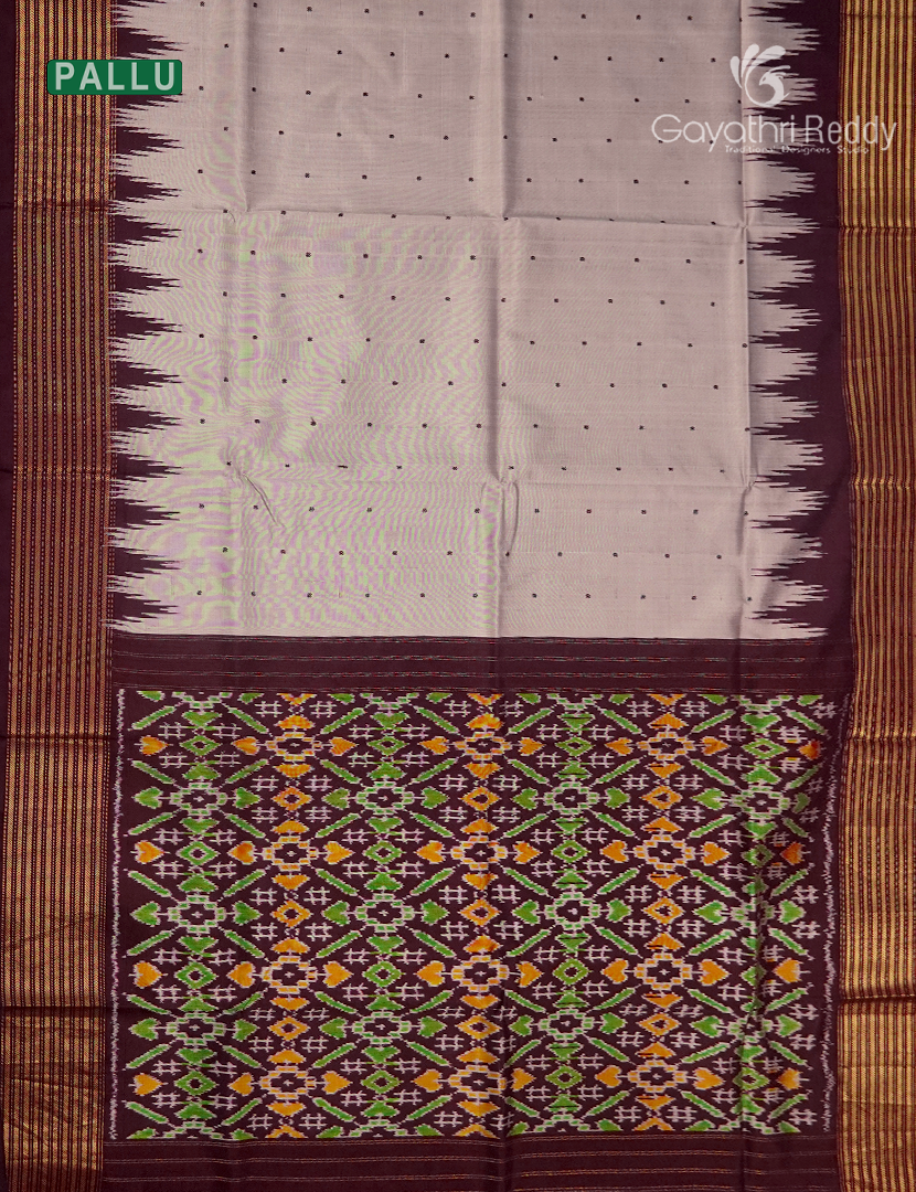 Pure Ikat Silk Saree in Light Beige and Deep Brown