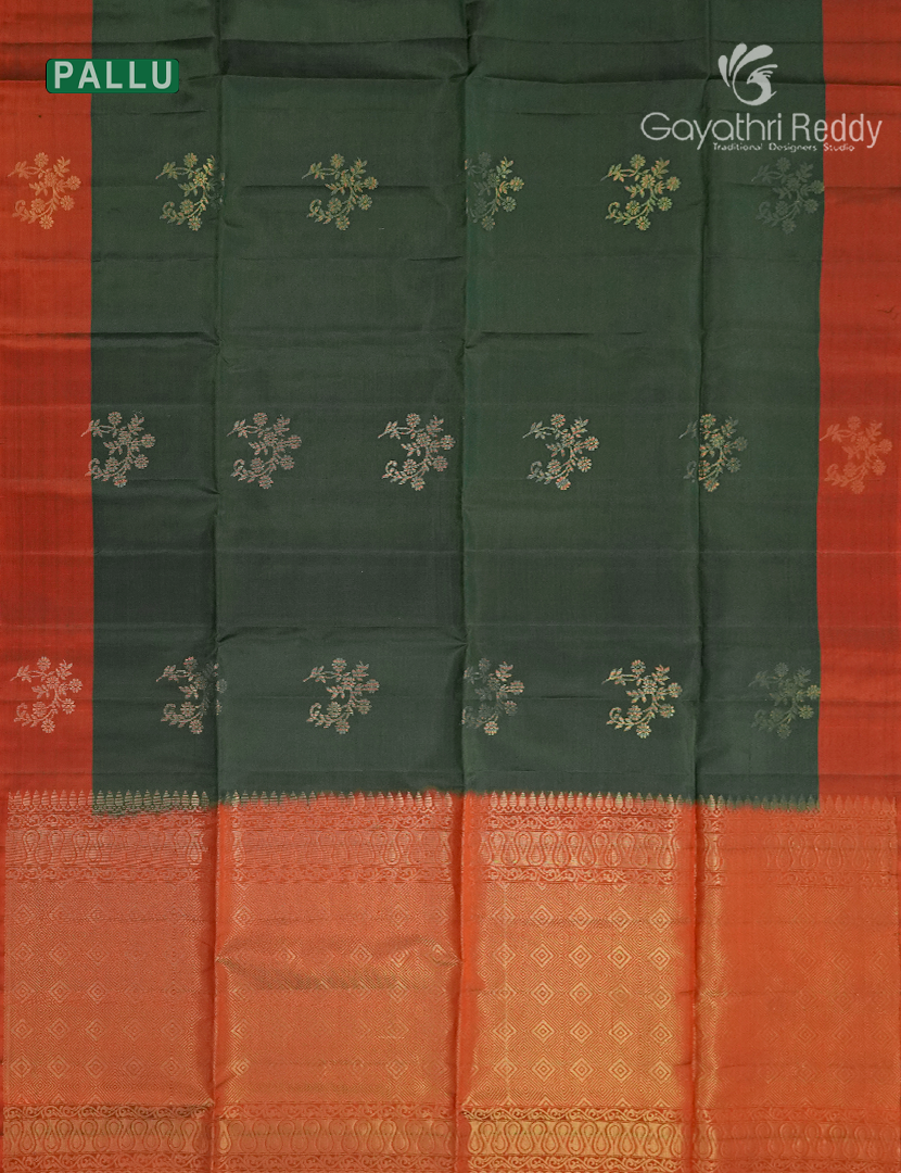 Pure Kanchipuram Soft Silk Saree in Bottle Green and Rust Orange
