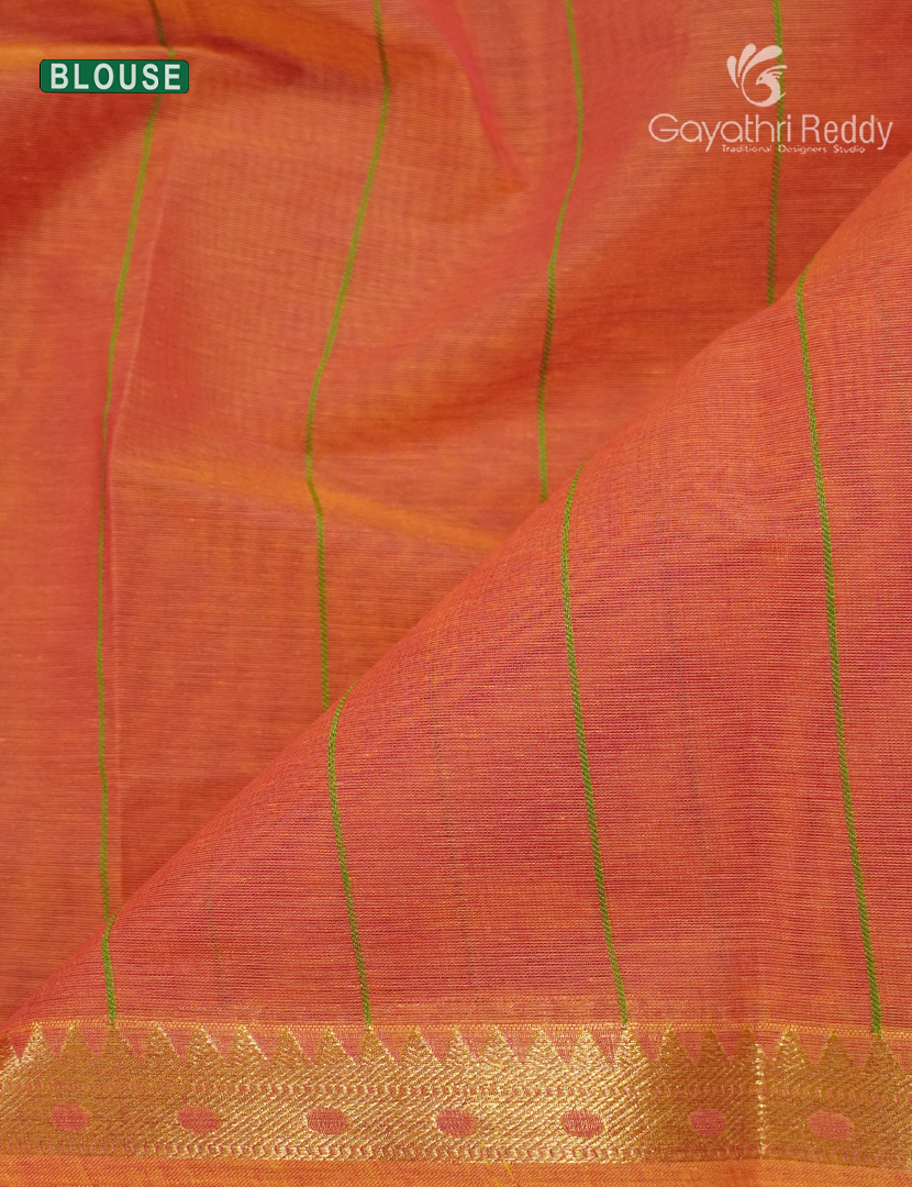 Pure Kanchi Cotton Saree in Peachish Orange and Pista Green