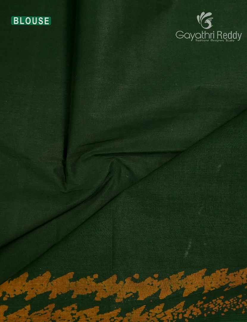 Cotton Batik Print Saree in Bottle Green and Mustard