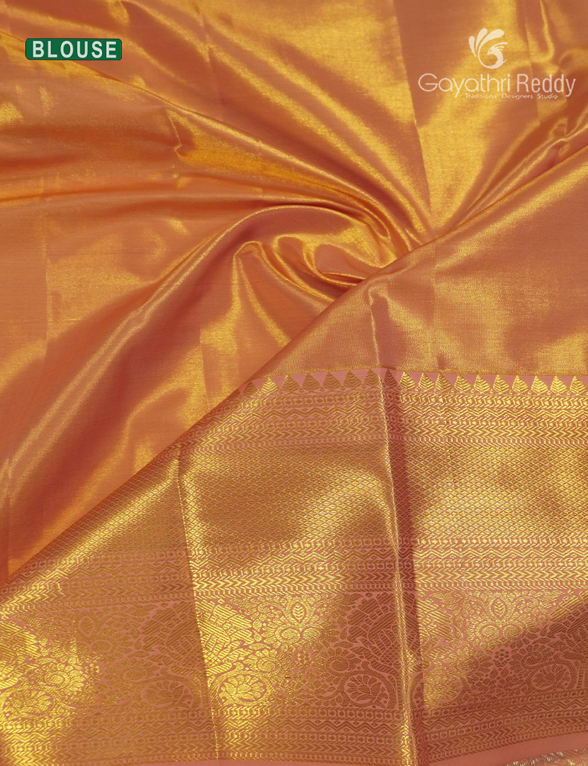 Pure  Kanchipuram Silk Saree in Pastel Peach and Gold (  Brocade Pattern )