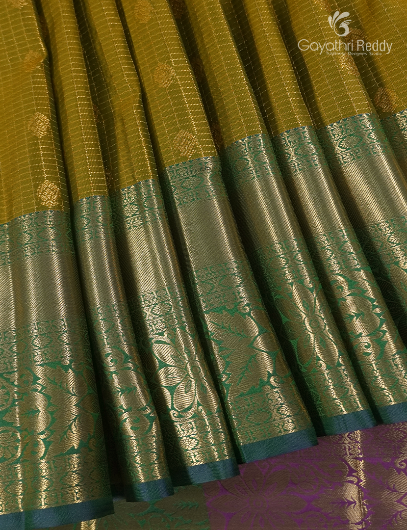 Semi Kanchipuram Silk Saree in Mehendi Green and Purple