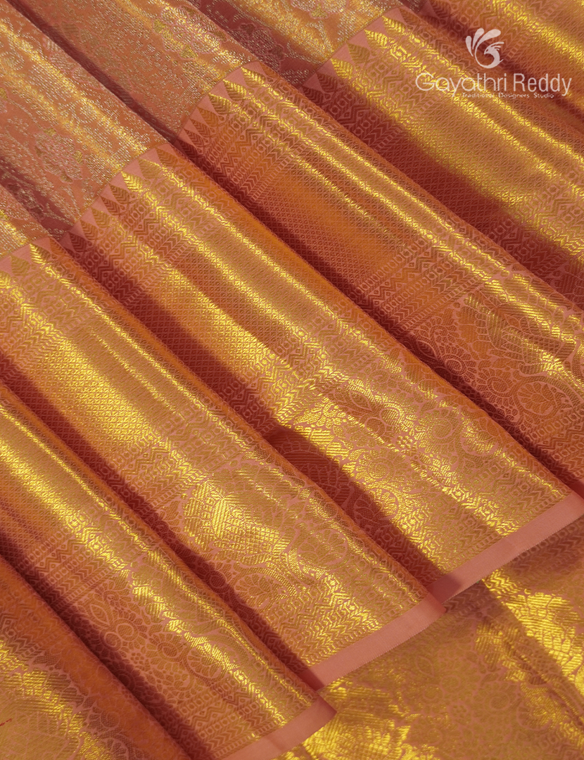 Pure  Kanchipuram Silk Saree in Pastel Peach and Gold (  Brocade Pattern )