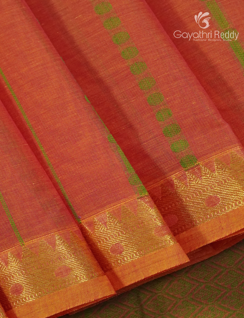 Pure Kanchi Cotton Saree in Peachish Orange and Pista Green