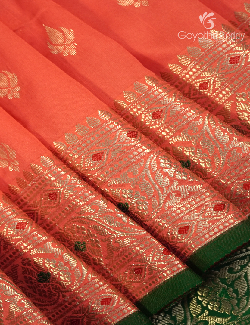 Semi Banaras Katan Silk Saree in Peach and Parrot Green