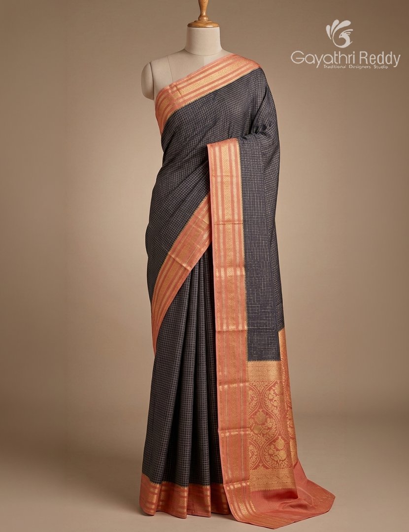 Semi Mysore Crepe Saree in Deep Elephant Grey and Peach