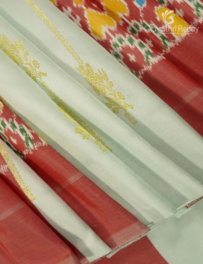 Pure Ikat Silk Saree in Cream and Rust Orange