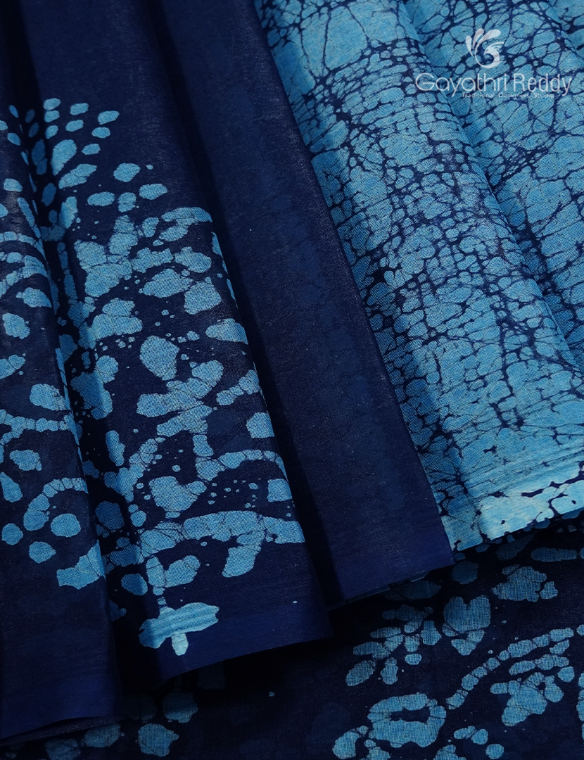 Cotton Batik Print Saree in Navy blue and Sky blue